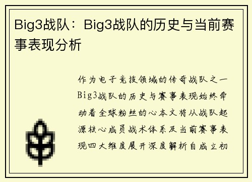 Big3战队：Big3战队的历史与当前赛事表现分析