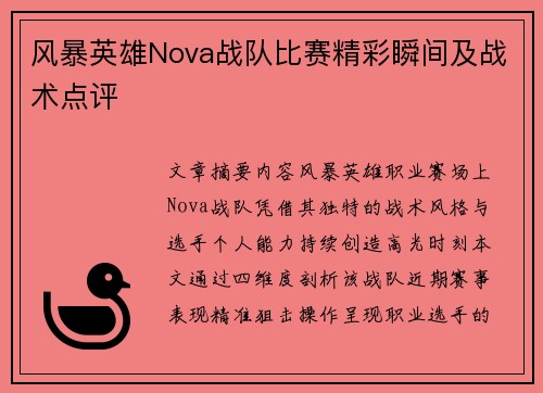 风暴英雄Nova战队比赛精彩瞬间及战术点评