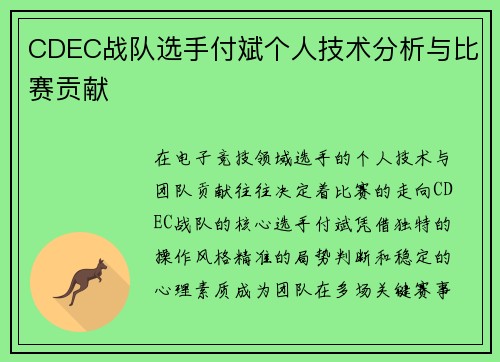 CDEC战队选手付斌个人技术分析与比赛贡献